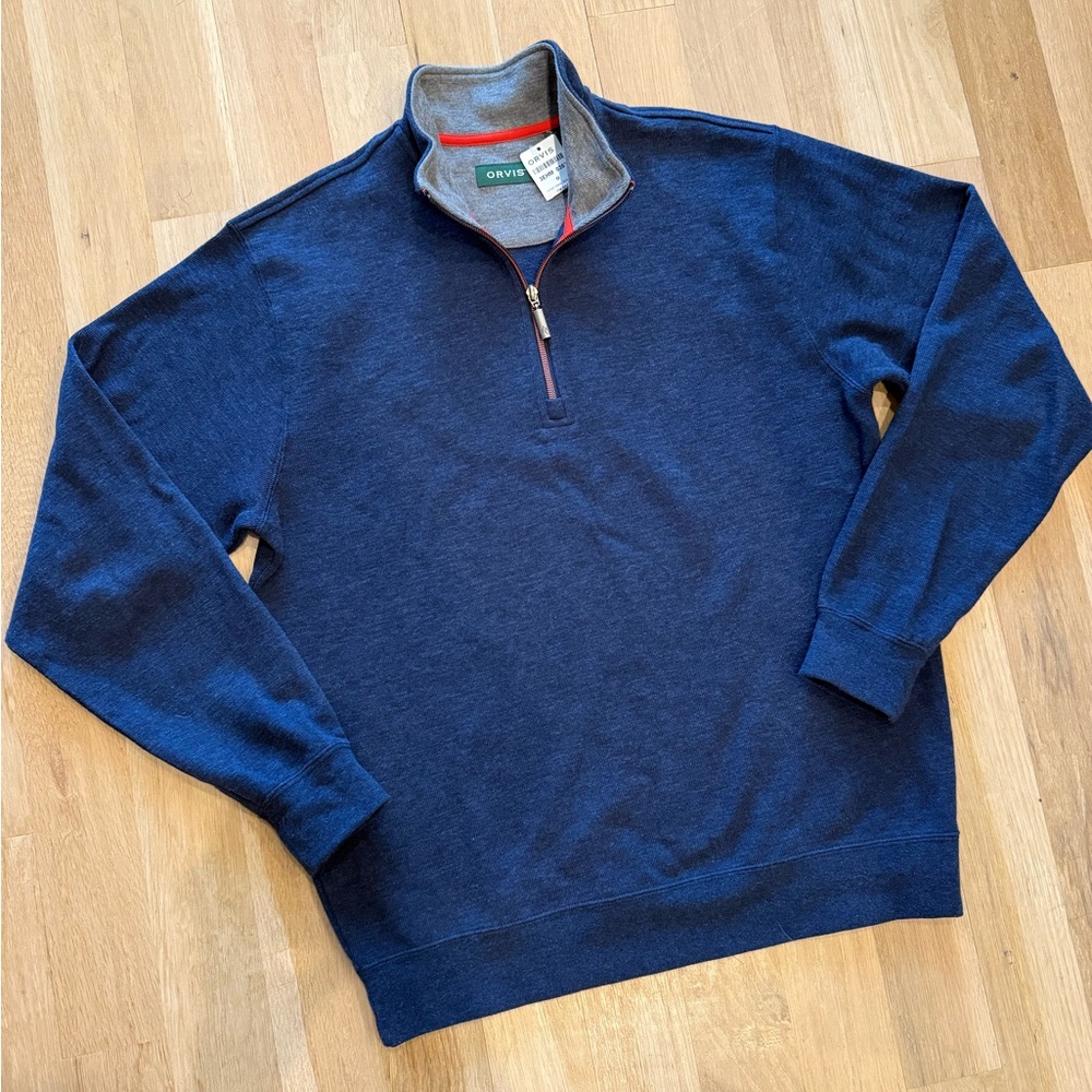 New With Tags!Orvis Men's Blue Quarter Zip Cotton Tencel Sweater